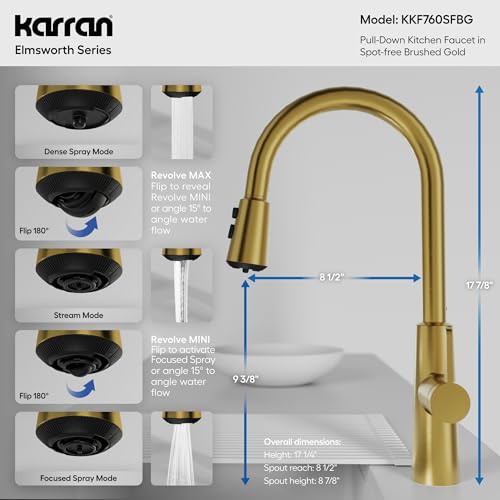 Karran Elmsworth Commercial Style Pull-Down Kitchen Faucet with Dual Interchangeable Spray Heads 5-Function Revolve MAX & 3-Function Revolve Mini Aerator High-Arc Spout (Spot Free Brushed Gold) - color: Spot Free Brushed Gold