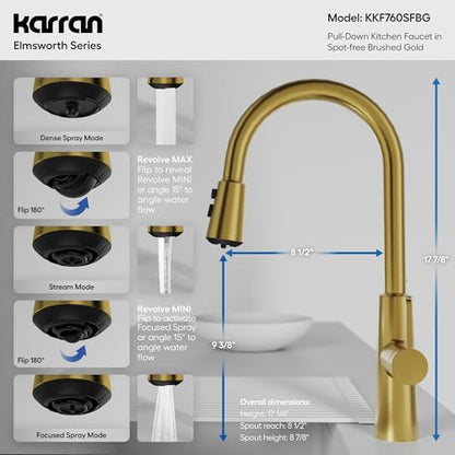 Karran Elmsworth Commercial Style Pull-Down Kitchen Faucet with Dual Interchangeable Spray Heads 5-Function Revolve MAX & 3-Function Revolve Mini Aerator High-Arc Spout (Spot Free Brushed Gold) - color: Spot Free Brushed Gold