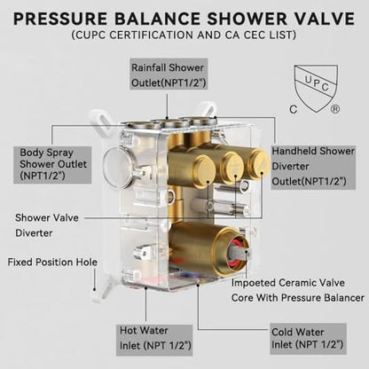 Brushed Gold Shower System, STARBATH Ceiling Mounted 12+6 Inch Rainfall Shower Head with 2 in 1 High Pressure Handhled, Can Use All at Once, Push Button Diverter Thermostatic Valve with Trim Kit - color: Brushed Gold, size: 6+12 inch-06