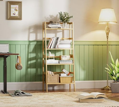 HITNET Ladder Shelf, 4-Tier Bookshelf, Bamboo Leaning Bookcase, Display Storage Rack Organizer, Freestanding Flower Plant Stand for Living Room, Home Office, Kitchen, Natural - color: Natural