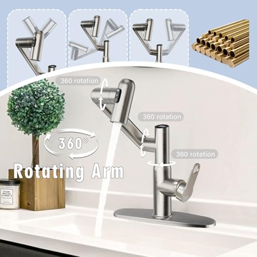 Rotatable Bath Faucet with Temp Display in Fahrenheit, Single Hole Brushed Nickel and 3 Outlet Modes Faucet, Battery-Free - color: Brushed Nickel-F