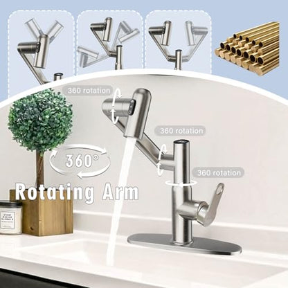 Rotatable Bath Faucet with Temp Display in Fahrenheit, Single Hole Brushed Nickel and 3 Outlet Modes Faucet, Battery-Free - color: Brushed Nickel-F