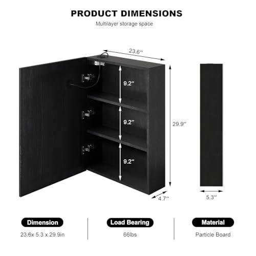Black Medicine Cabinet with Led Lights,Lighted Medicine Cabinet with Mirror,Mirror Cabinet with 3 Storage Shelf Wall Mounted, Medicine Cabinet with Defogger,24x30Inch - size: 24x30-Black