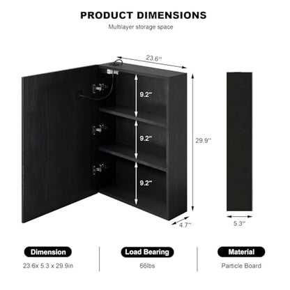 Black Medicine Cabinet with Led Lights,Lighted Medicine Cabinet with Mirror,Mirror Cabinet with 3 Storage Shelf Wall Mounted, Medicine Cabinet with Defogger,24x30Inch - size: 24x30-Black