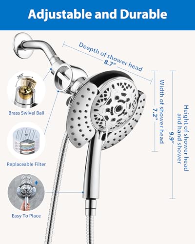 2 in 1 Shower Head with Handheld Combo High Pressure Chrome 2.5 GPM | 7.2" Rain Showerhead and 10 Spray Hand Held Shower, Adjustable Shower Angle, 59-inch Rotatable Stainless Steel Hose - color: Chrome, size: 2.5 GPM