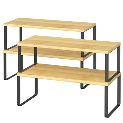 NEX Kitchen Cabinet and Counter Shelf Organizer, Stackable & Expandable, Set of 4, Black and Natural - 7.7 x 15.6 x 6.2'' - color: Black + Natural Beige, size: 15.6''W