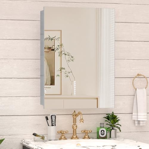 24 x 32 Farmhouse Medicine Cabinet for Bathroom, Silver Bathroom Mirror with Storage, Tempered Glass, Frameless Recessed or Wall Mount Aluminum Medicine Cabinet - Pre-Assembled - color: Sliver, size: 24 x 32 IN