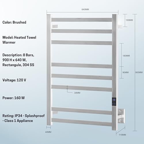 8-Bar Towel Warmer Rack, Brushed Stainless Steel | Brushed 304 stainless steel, 115-155°F temp control, 1-24H auto shut-off timer, plug-in or hardwired install - color: Brushed