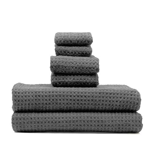 Sedona Luxe Waffle Towel Set, 410 GSM 6-Piece 100% Cotton Set with 2 Bath Sheets, 2 Hand Towels & 2 Washcloths, Spa-Quality (Charcoal) - color: Charcoal, style: Luxe Set (Set of 6 with Bath Sheets)