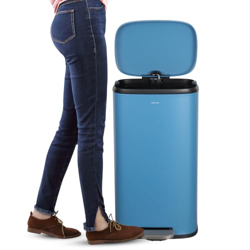 happimess Curtis 8 Gal Step Trash Can Soft Close 25", Bright Cobalt Blue | Iron Construction, Satin Finish, Removable Liner, Steel Pedal, 20 Trash Bags Included, Kitchen Office Bin - color: Bright Cobalt Blue