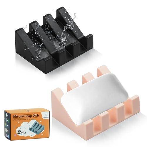 Self Draining Silicone Soap Dish Holder Waterfall Tray, 2 Pack Pink Black | Waterfall design drains fast to keep soap dry, non-slip silicone base anti slide, soap saver for bathroom & kitchen - color: Pink-black, size: 2