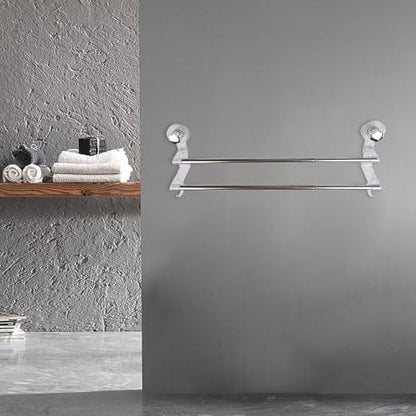 Adjustable Suction Cup Double Towel Bar Holder with 19-31 Inch Extendable Length, No Drilling Wall Mount for Shower Bathroom or Kitchen, Rack for Towels Washcloths and Accessories(Transparent)