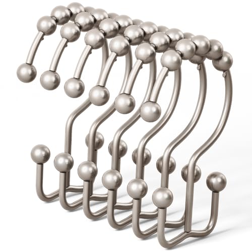 DAWNER Shower Curtain Hooks, Rust Proof Metal Easy Glide Double Rings, Stainless Steel Hangers for Bathroom Curtains, Set of 12, Brushed Nickel - color: Brushed Nickel
