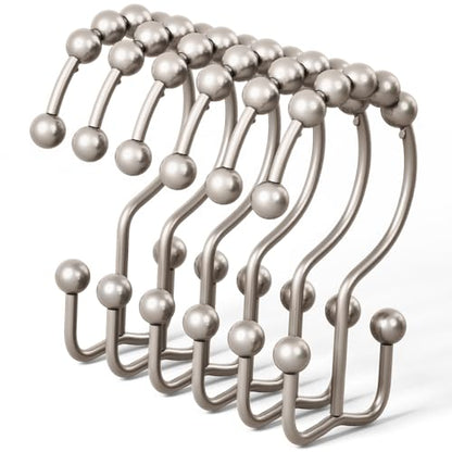 DAWNER Shower Curtain Hooks, Rust Proof Metal Easy Glide Double Rings, Stainless Steel Hangers for Bathroom Curtains, Set of 12, Brushed Nickel - color: Brushed Nickel