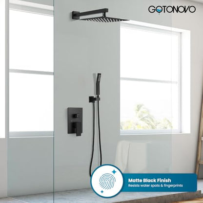 gotonovo Rainfall Bathroom Shower System Rain Shower Head and Handle Set Wall Mounted Shower Complete Combo Solid Brass Pressure Balancing Shower Mixer Valve 10 Inch Matte Black - color: Matte Black, size: 10 Inch