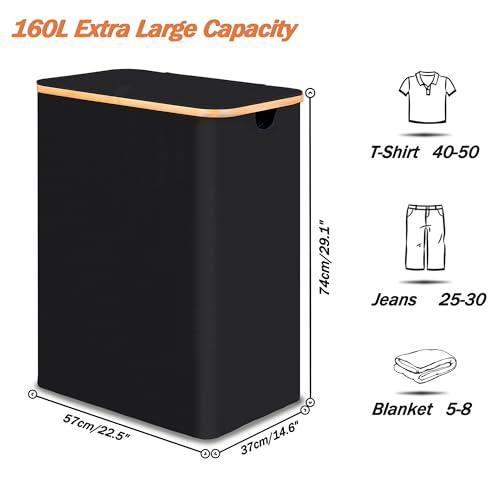 efluky Laundry Hamper with Lid, Trio Laundry Basket with 2 Removable Bags, 3 Section Laundry Bin with Bamboo Handles for Bathroom, Bedroom & Laundry Room, 160L (42.3 Gallon) Black - color: Black, size: 160L Trio