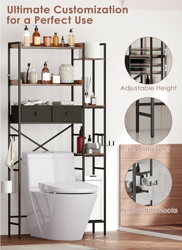 Over The Toilet Storage Rack, 7-Tier Over Toilet Bathroom Organizer with Adjustable Shelf, Above Toilet Storage with Hooks, Space-Saving, Brown Shelf - size: 7 Tier-Brown