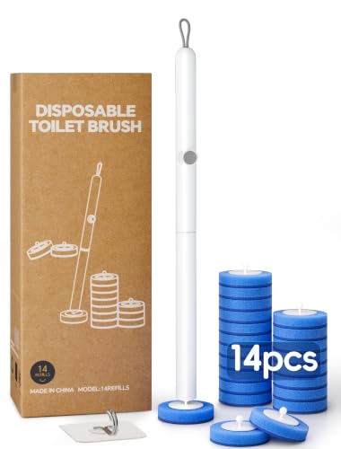 Toilet Bowl Cleaning Wand, Disposable Toilet Brush Kit with Replacement Heads and Press Button Handle (Toilet Brush + 14 Refills)