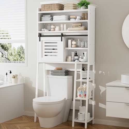 Over the Toilet Storage Cabinet, Bathroom Storage Cabinet Over Toilet with Sliding Doors, Freestanding Bathroom Cabinets Space Saver W/Adjustable Shelf, White