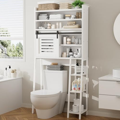 Over the Toilet Storage Cabinet, Bathroom Storage Cabinet Over Toilet with Sliding Doors, Freestanding Bathroom Cabinets Space Saver W/Adjustable Shelf, White