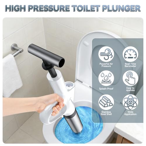 Toilet Plunger, High Pressure Drain Unclogger Plungers with Pressure Gauge, Toilet Auger Air Drain Blaster, Versatile Heavy Duty Clog Remover for Bathroom, Kitchen, Floor Drain (White) | Air Drain Blaster Toilet Auger with Pressure Gauge, Heavy Duty Toile