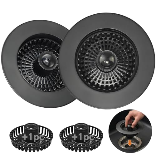 Kitchen Sink Stopper, 3 in 1 Pop Up Kitchen Sink Drain Strainer, with an Extra Basket Strainer, Sink Drain Stopper for US Standard 3-1/2 Inch, Brass Material Electroplate (Black 2pcs) - color: Black 2pcs