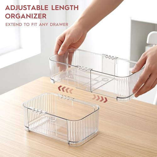 Expandable Drawer Organizer Set, Clear Adjustable Drawer Dividers, 4-Piece Storage Trays for Kitchen, Bathroom, Makeup, Office, Durable PET Material