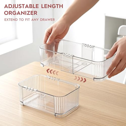 Expandable Drawer Organizer Set, Clear Adjustable Drawer Dividers, 4-Piece Storage Trays for Kitchen, Bathroom, Makeup, Office, Durable PET Material