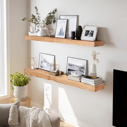 Solid Wood Floating Shelves, 36 Inch Wall Shelves, Set of 2, Oak | 8 Inch Deep, 1.6 Inch Thick, Extra-Wide Display Space, Mounting Hardware Included, For Kitchen, Bathroom and Living Room - color: Oak, size: 36x8x1.6