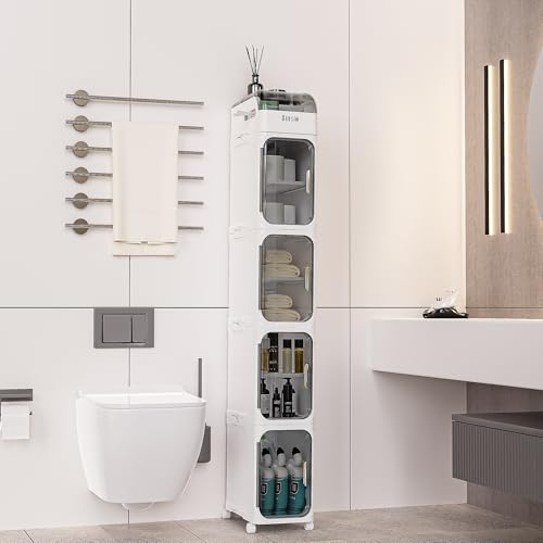 BINSIO 5-Tier Tall Narrow Storage Cabinet, Slim Rolling Storage Cabinet with Clear Doors, Adjustable Shelves, Foldable Organizer for Laundry Room, Kitchen Pantry, Utility Room and Small Spaces - size: 5 Tiers