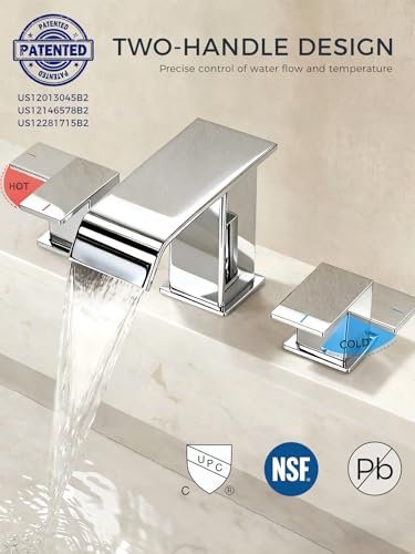 FORIOUS Bathroom Faucet 3 Hole 8 Inch Widespread Vanity Sink Faucets Chrome | 3-hole 4-12 Inch Widespread Sink, Square Waterfall Spout, with Drain and Hoses,for Vanity Rv Commercial Lavatory Restroom - color: Chrome