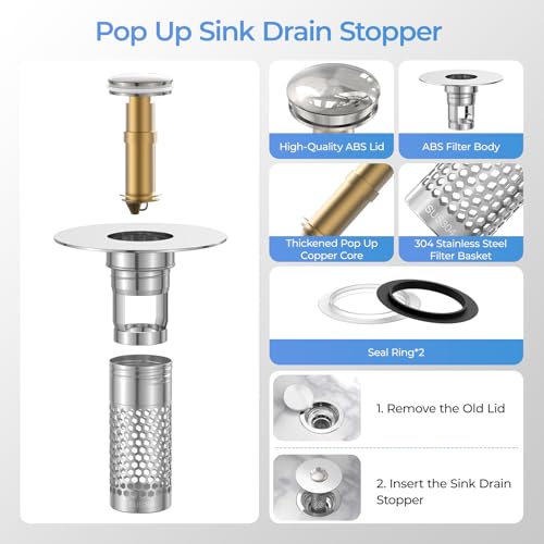 2 Pack Pop Up Bathroom Sink Drain Stoppers, Removable Sink Drain Strainer Stopper Hair Catcher with Stainless Steel Anti-Clog Filter Basket for Sinks and Drains 1.06-1.5 Inch