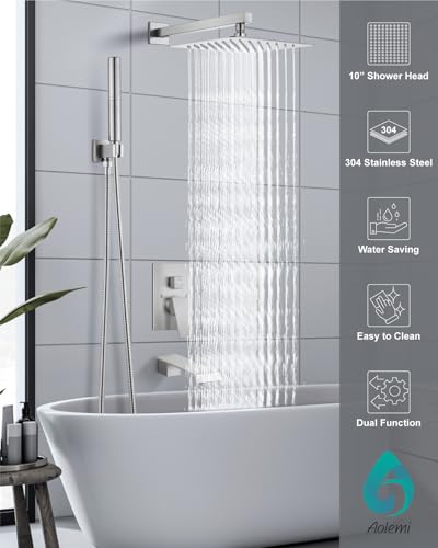 Aolemi Shower System with Tub Spout and Valve Brushed Nickel | 10-Inch Square Wall Mounted Rainfall Shower Head and Handheld,3-Function Bathtub Shower Faucet Set - color: Nickel