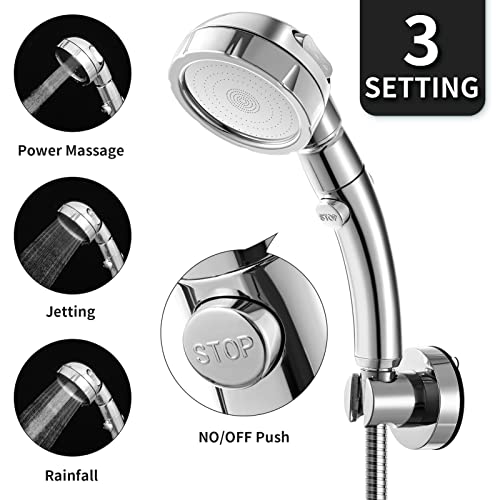 Marbrasse 3-Settings Handheld High Pressure Showerhead with ON/Off Full Shutoff Push Button,Water-saving Camping Shower with Adjustable Angle(Vacuum Suction Shower Head Holder+5 Feet Shower Hose) - color: Shower Head with Bracket