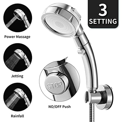 Marbrasse 3-Settings Handheld High Pressure Showerhead with ON/Off Full Shutoff Push Button,Water-saving Camping Shower with Adjustable Angle(Vacuum Suction Shower Head Holder+5 Feet Shower Hose) - color: Shower Head with Bracket