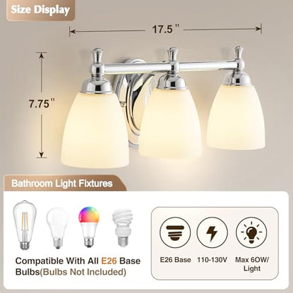 EJIAXIN Bathroom Light Fixtures, 3 Light Bathroom Lighting Fixtures Over Mirror Wall Mounted Lighting Chrome Vanity Light for Living Room Cabinet - color: White Chrome