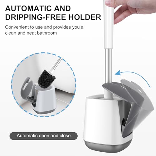 SetSail Toilet Brush and Holder 2 Pack, Self Closing Lid Toilet Bowl Brushes Holder and Extra Long Handle Ventilated Toilet Brush Set for Bathroom Cleaning, Nylon Bristles, White & Grey - color: White & Grey, size: 2 packs