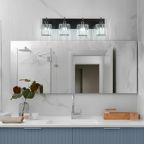 Black Crystal Bathroom Vanity Lights, Modern 4-Lights Bathroom Lighting Fixtures Over Mirror, Crystal Wall Lighting with Round Shade - color: Black-Round Shade, size: 4-Light