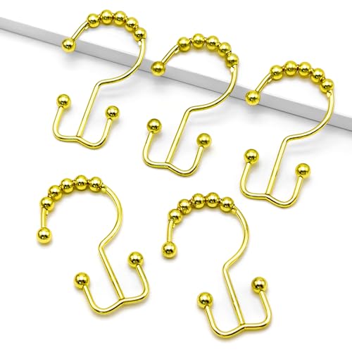 Shower Curtain Hooks, 12 Pcs Rustproof Metal Shower Curtain Rings,Free Sliding Double Shower Hooks for Shower Curtain & Liners, Shower Curtain Hangers for Bathroom Shower Curtain Rods Curtains (Gold) - color: Gold
