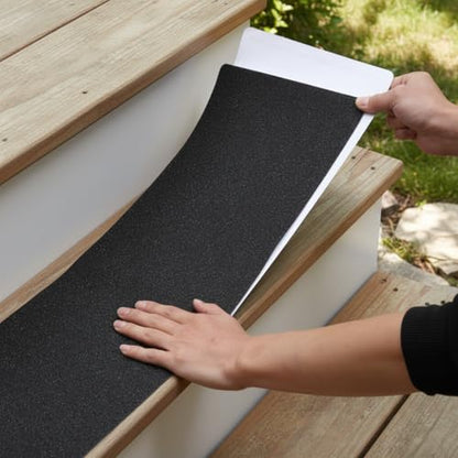 MBIGM Outdoor Non-Slip Stair Grip Tape, 12 Pack, 8" x 30", Black | PET/PVC stair tape with mineral-grit surface and adhesive backing adds traction to outdoor steps, decks and entryways - size: Black 8" x 30"
