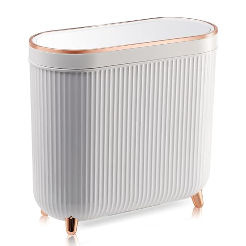 Supteron Bathroom Trash Can with Lid 3.2 Gallon Narrow Trash Can Small Plastic Trash Bin 12 Liter Rectangular Plastic Garbage Can with Press Type Lid for Bedroom Bathroom Milk White - color: Milky white