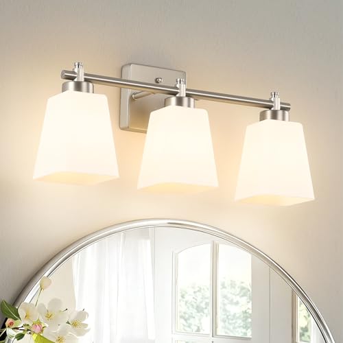 3-Light Modern Bathroom Vanity Light, Wall Sconce Over Mirror with Milky White Frosted Glass Shades, E26 Socket (Bulbs Not Included) - color: Brushed Nickel, size: 3-Light