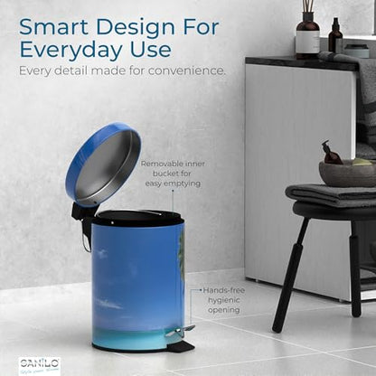 Sanilo Small Bathroom Trash Can with Lid [1.3 Gallon] - Lidded Tiny Trashcan for Garbage - Mini Metal Bin with Soft Closing Mechanism - Bath Room Accessoire Wastebin with Inner Bucket (Caribbean) - color: Caribbean