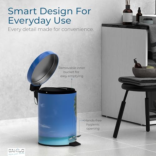 Sanilo Small Bathroom Trash Can with Lid [1.3 Gallon] - Lidded Tiny Trashcan for Garbage - Mini Metal Bin with Soft Closing Mechanism - Bath Room Accessoire Wastebin with Inner Bucket (Caribbean) - color: Caribbean