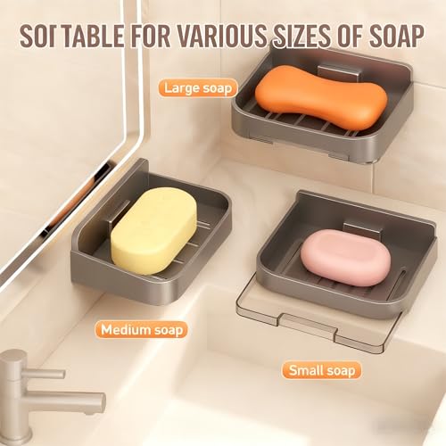Wall Mounted Soap Holder for Shower, No Drilling Soap Dish with Hooks, Self-Draining Bar Soap Holder Keeps Dry, Removable Shower Soap Holder for Bathroom, Bathtub, Kitchen,Adhesive Included
