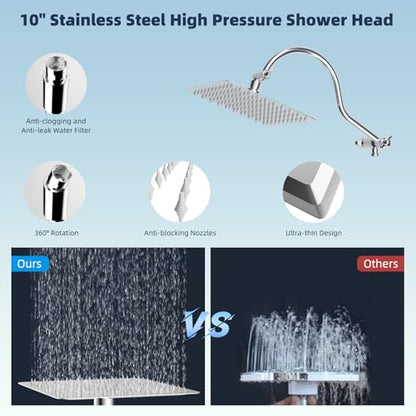 Hibbent All Metal CUPC Certified Shower Head, 10'' High Pressure Rainfall Shower Head, Handheld Showerhead Combo, 12'' Adjustable Extension Arm, 10 Sprays, 71'' Shower Hose, Showerhead Holder, Chrome - color: Chrome, style: Square 10''