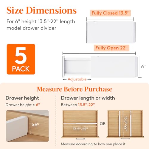 Lifewit 6" Tall Upgrade Drawer Dividers, Adjustable Deep Drawer Organizer | 13.5"-22" Expandable White Drawer Separator for Clothes, Dresser/Kitchen/Closet/Bedroom/Office Organization & Storage, 5 Pack - size: 6"H, 13.5-22"L