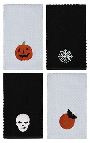 COTTON CRAFT Halloween Kitchen Towel -100% Cotton 4 Pack Waffle Terry Towel | Spooky Skull Web Bats Jack O'Lantern Embroidered Terry Kitchen Hand Towel Set -16x28 Soft Absorbent Dish Towel Cleaning Cloth - color: Black, size: 4 Pack