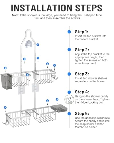 Adjustable Shower Caddy Hanging for Handheld Showerheads - Upgraded Never Rust Shower Hanging Organizer, Bathroom Shower Rack with Soap Basket, Hooks and Toothbrush Holder (Shiny Silver) - color: Shiny Silver