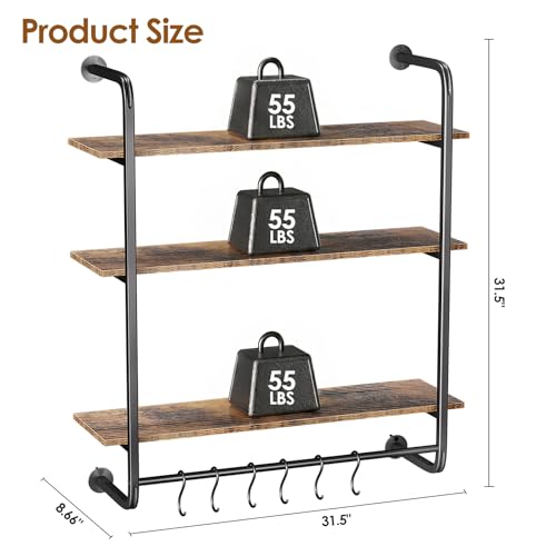 3 Tier Industrial Pipe Floating Shelf, 31.5" Kitchen Wall Shelves | with Towel Bar & 6 Hooks, Coffee Bar Shelves Display Bookshelf Wall Shelf for Kitchen, Bathroom, Home Décor, Rustic Brown - size: 31.5 Inch（3 Tier）